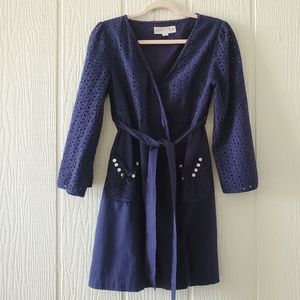 Anthropologie Lilka Eyelet Lace Wrap Tea Dress Longsleeve Pockets Navy S/M